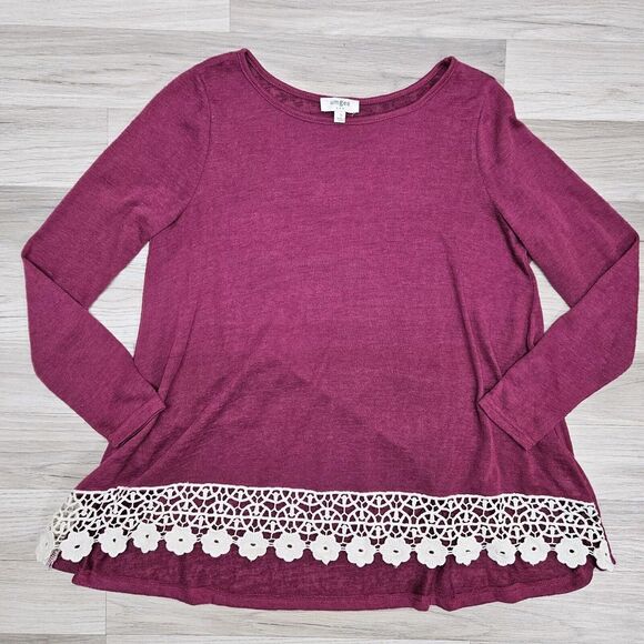 Umgee Womens Maroon Longsleeve Shirt Crochet Trim Small - Picture 1 of 6